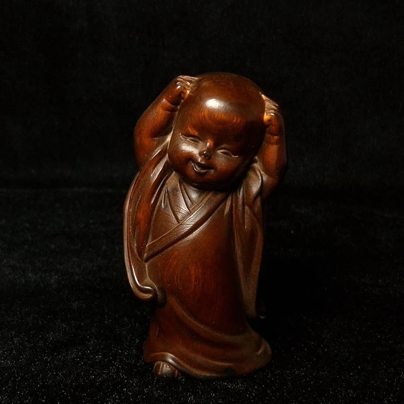 

YIZHU CULTUER ART Height 8.5 CM Old Chinese boxwood Hand Carved lovely boy lad Figure Statue desk Decoration Gift Collection