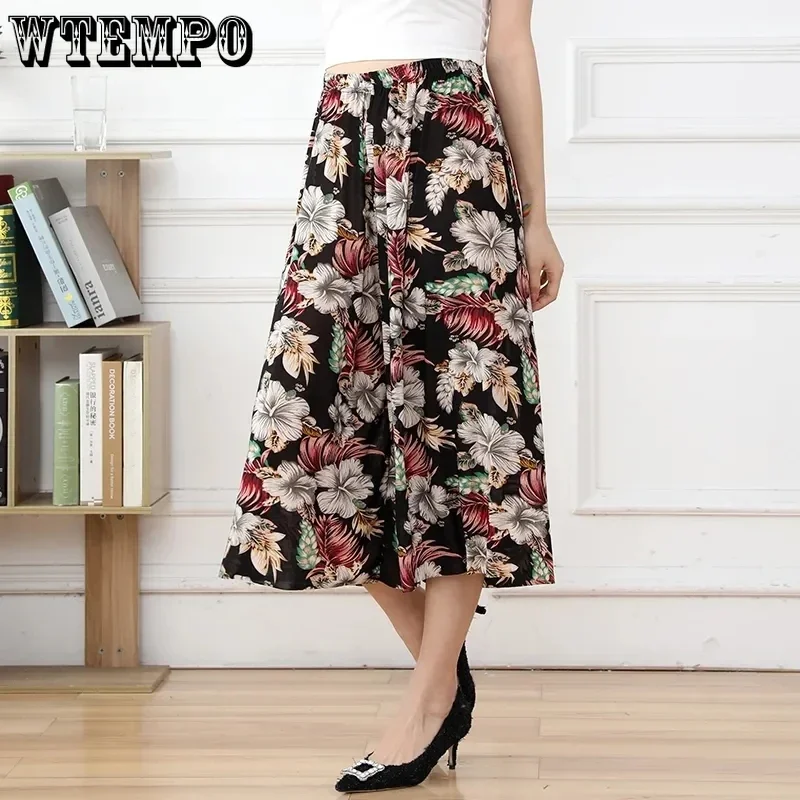 WTEMPO Women's Summer Cropped Pants Elastic High Waist Wide Leg Casual Culottes Mom New Loose Floral Print Thin Breathable Pants