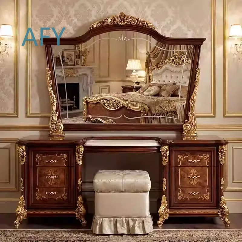 Rococo Solid Wood Dressing Table for Bedroom Furniture for Mirror Stool for European Retro Vanity Table for Home Decor for
