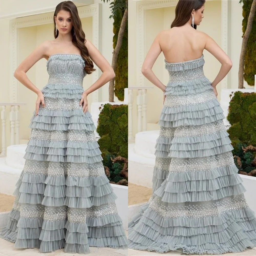 

Customized Luxury Strapless Tulle Evening Dress Classic Tiered Homecoming Dresses Temperament Sleeveless Bespoke Occasion Gowns