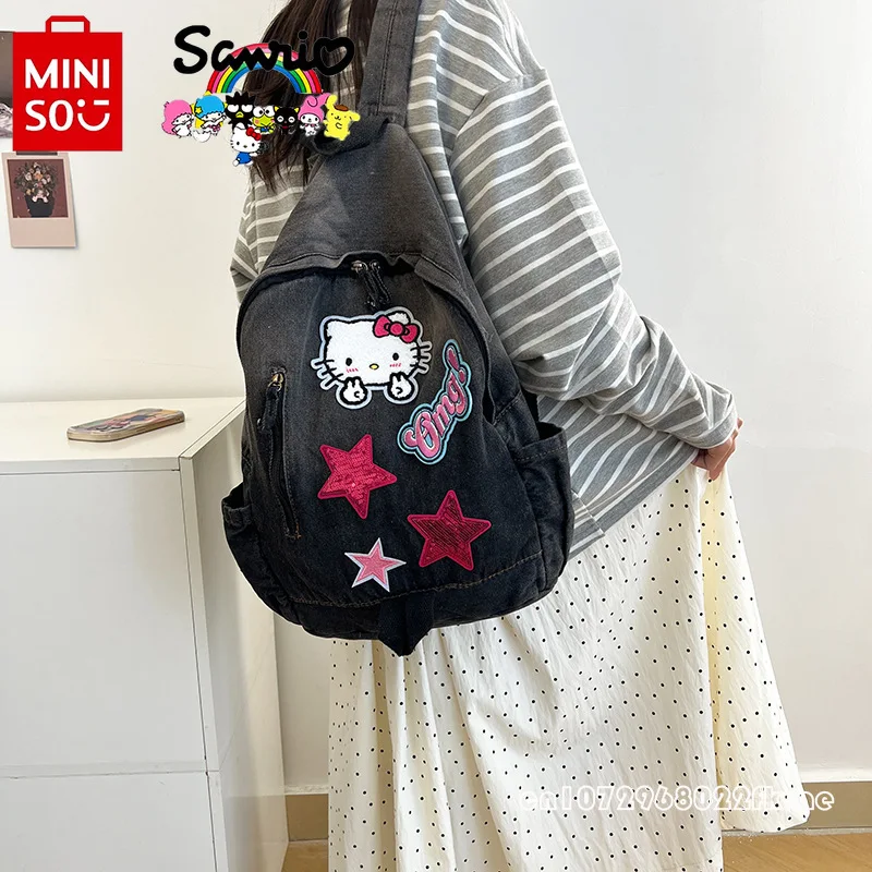 Hello Kitty New Women\'s Backpack Fashionable High Quality Denim Backpack Cartoon Personalized Large Capacity Student Backpack