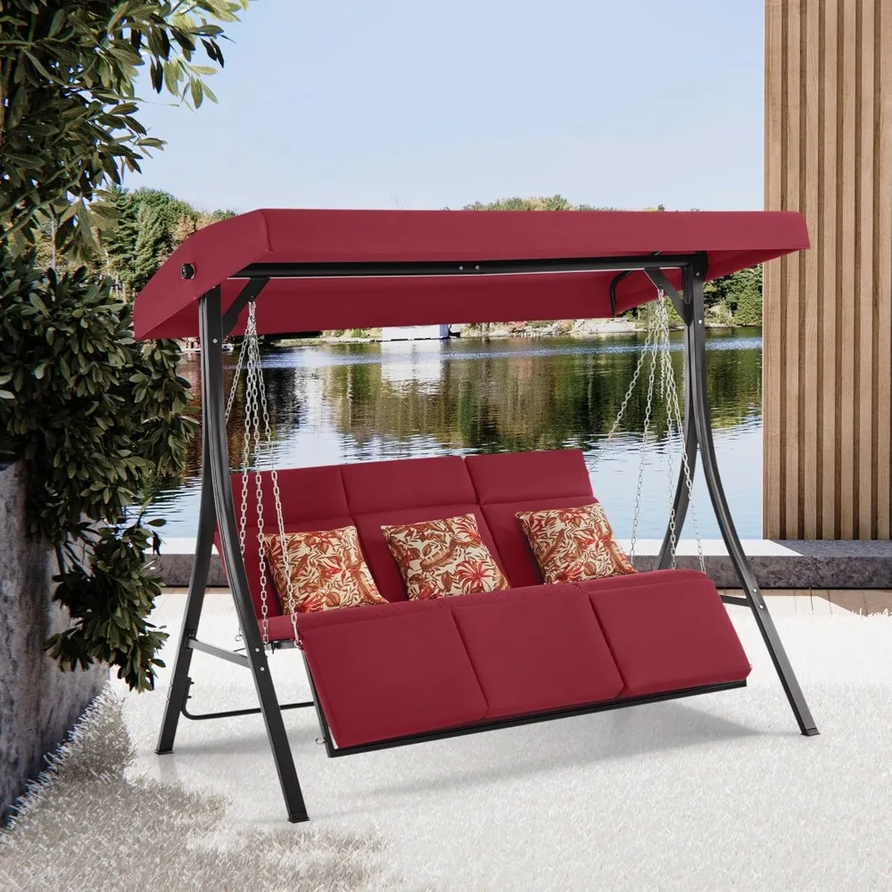 

3-Seat Convertible Porch Swing for Various Postures, Reclining Outdoor Swing Chair with Chain Armrest, Patio Glider Chair with