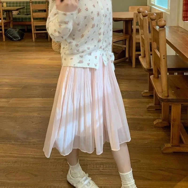 

Gentle Pink Chiffon High Waist Elastic Skirts Women's Clothing Solid Color Spring Summer Basic A-Line Stylish Folds Midi Skirts