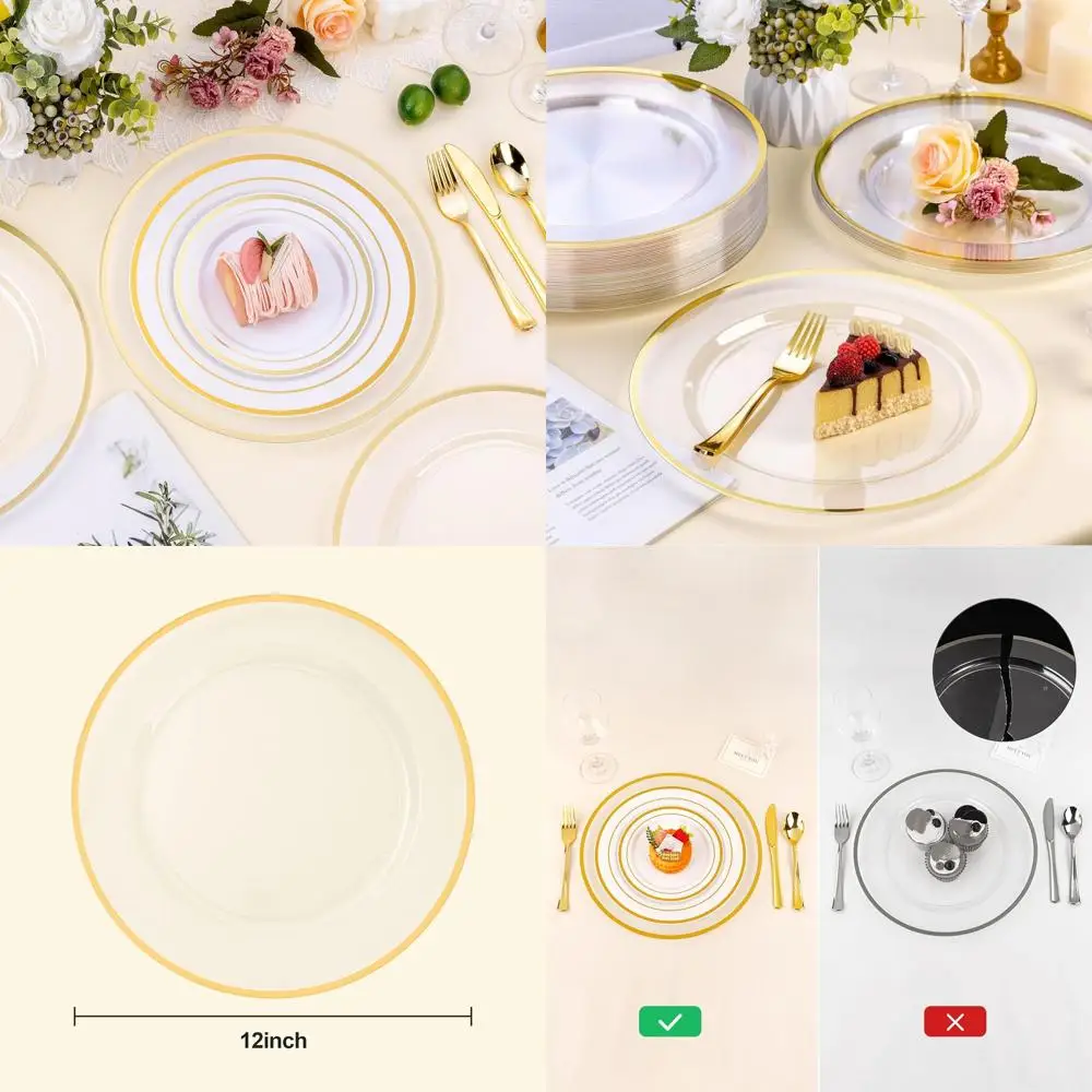 

50 Pack Clear Plastic Plates with Gold Rims, 12 Inch Disposable Chargers for Elegant Party & Wedding Table Settings