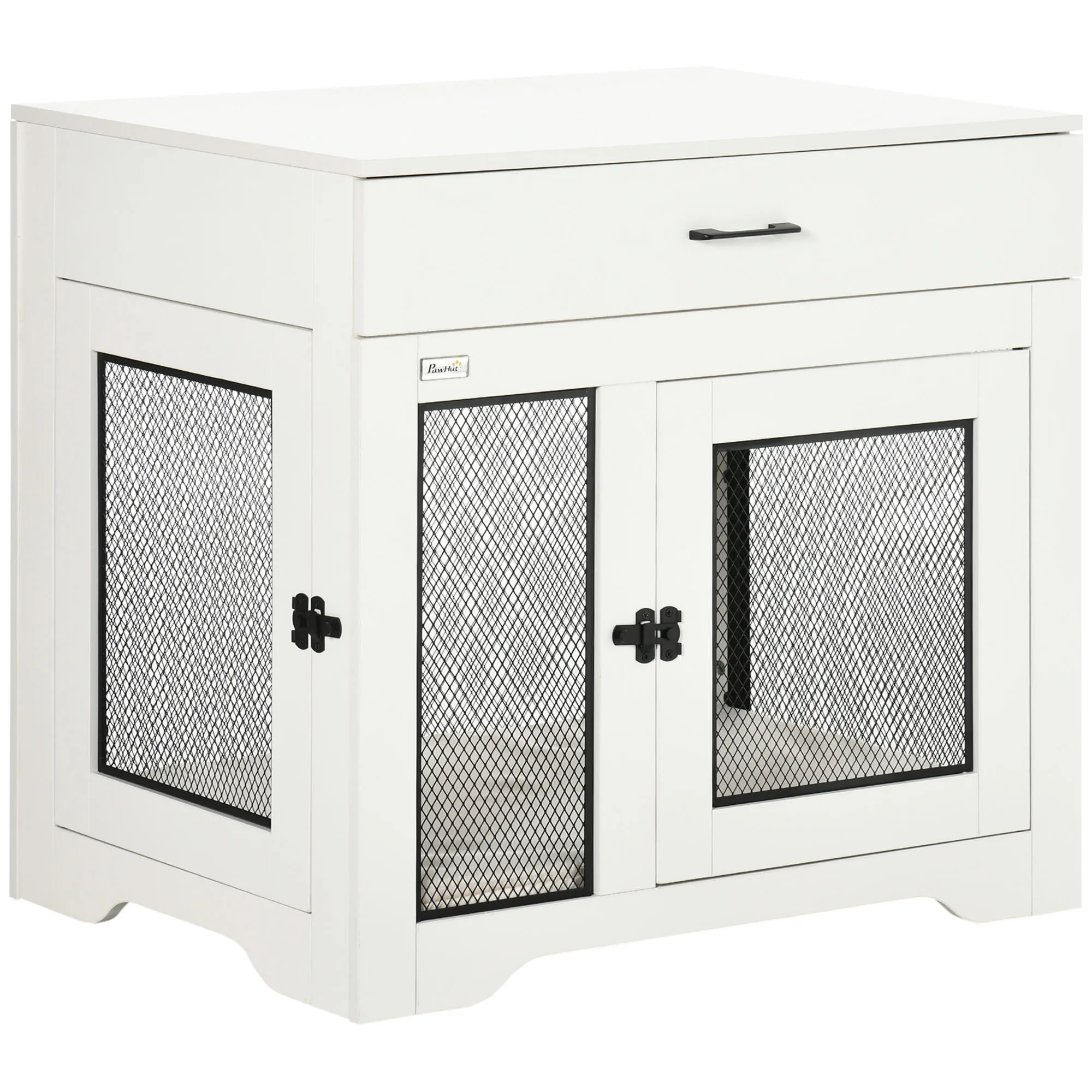 Soft Water-Resistant Cushion, Dog Crate End Table with Drawer, Puppy Crate for Small Dogs Indoor with 2 Doors, White