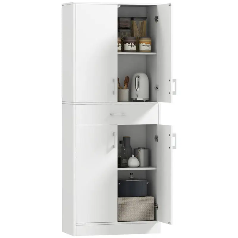 Alacena de Cocina con 4 Puertas, 1 Cajón y Estantes Ajustables Antivuelco para Comedor o Salón, 70.8x34x180cm, Blanco y Plata