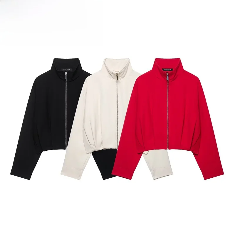 Fashionable Pilot Jacket Women's Stand Collar Short Outerwear Polyester Fiber Long Sleeve Zipper Closure Autumn Season