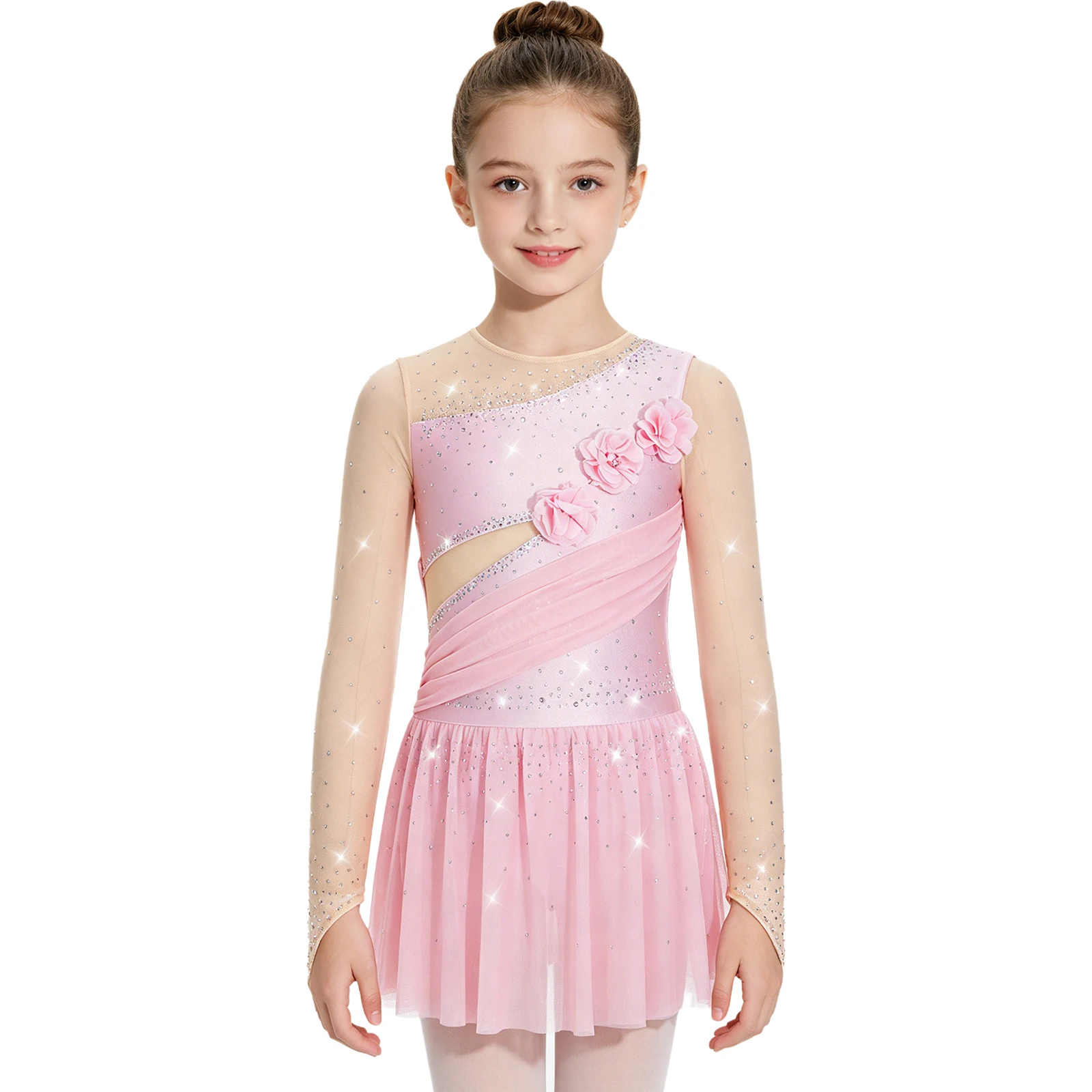 Mädchen Glänzendes Strass-Gymnastik-Ballett-Lyrical-Tanz-Auftrittskostüm Langarm 3D-Blumen Eiskunstlauf-Netzkleid – Detail 13