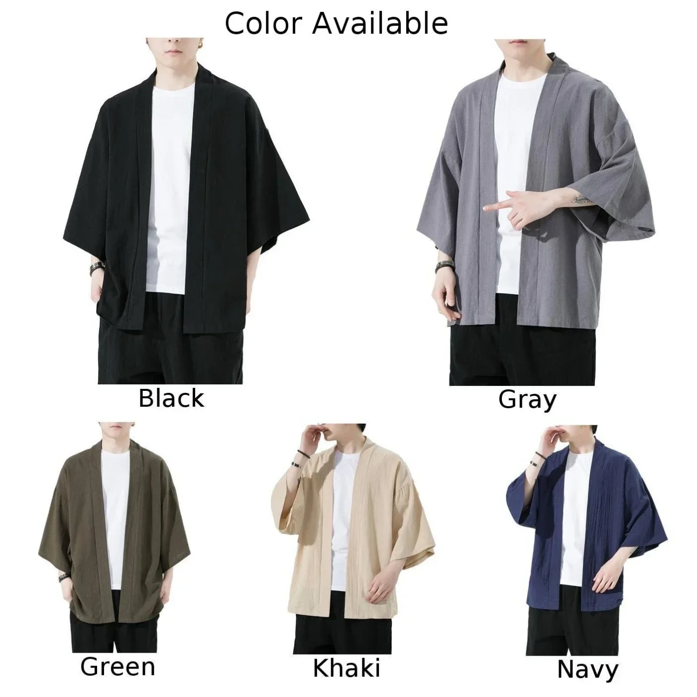 Kimono pria, kardigan gaya China Kimono longgar Linen padat, baju kardigan lengan tujuh perempat