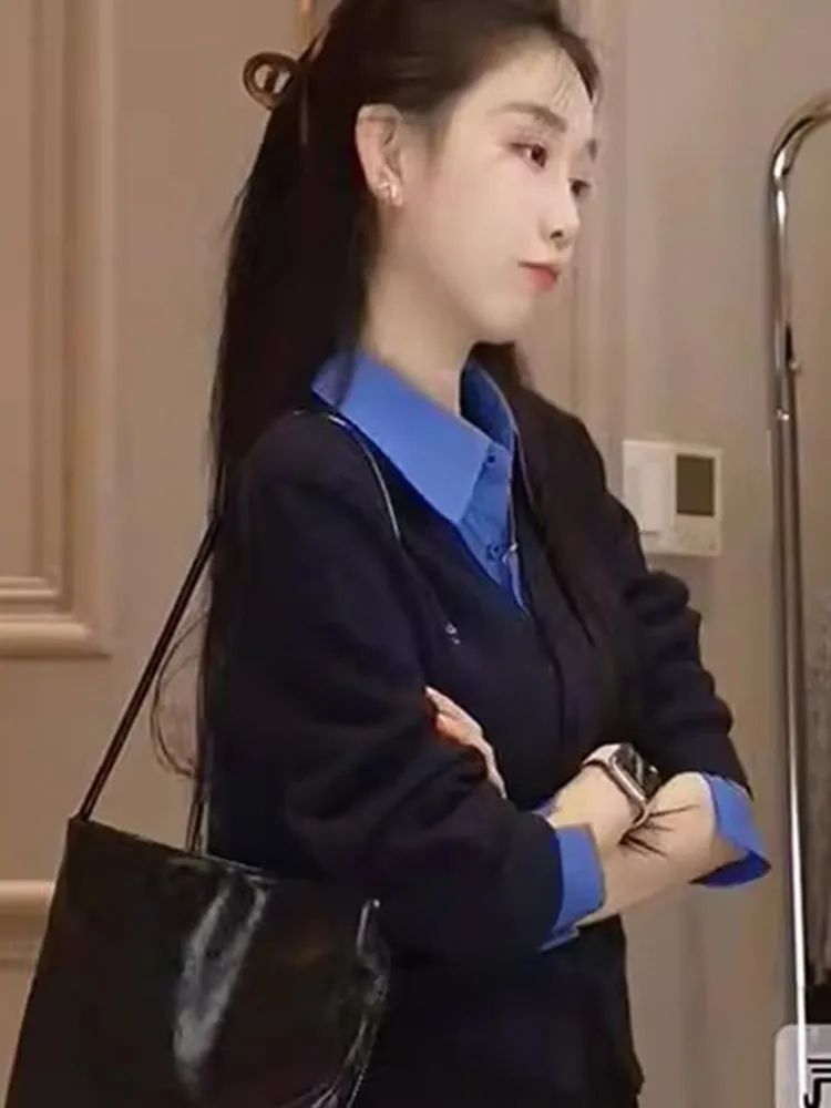 

Korean Sle Long Sve Knitted Sweater Jaet Casual Top Spliced Faion College Aosphere Ele Leisure Outerwear