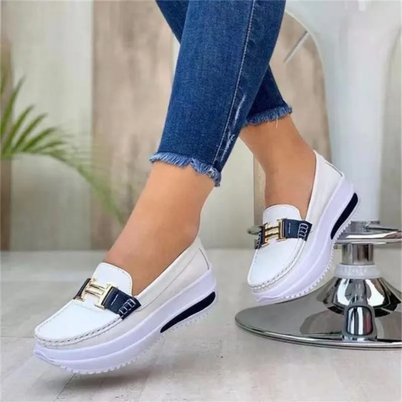 Sapatos vulcanizados impermeáveis de PU para mulheres, tênis de dedo redondo, casual diário, boca rasa, slip-on, andar, moda, novo, primavera, 2022