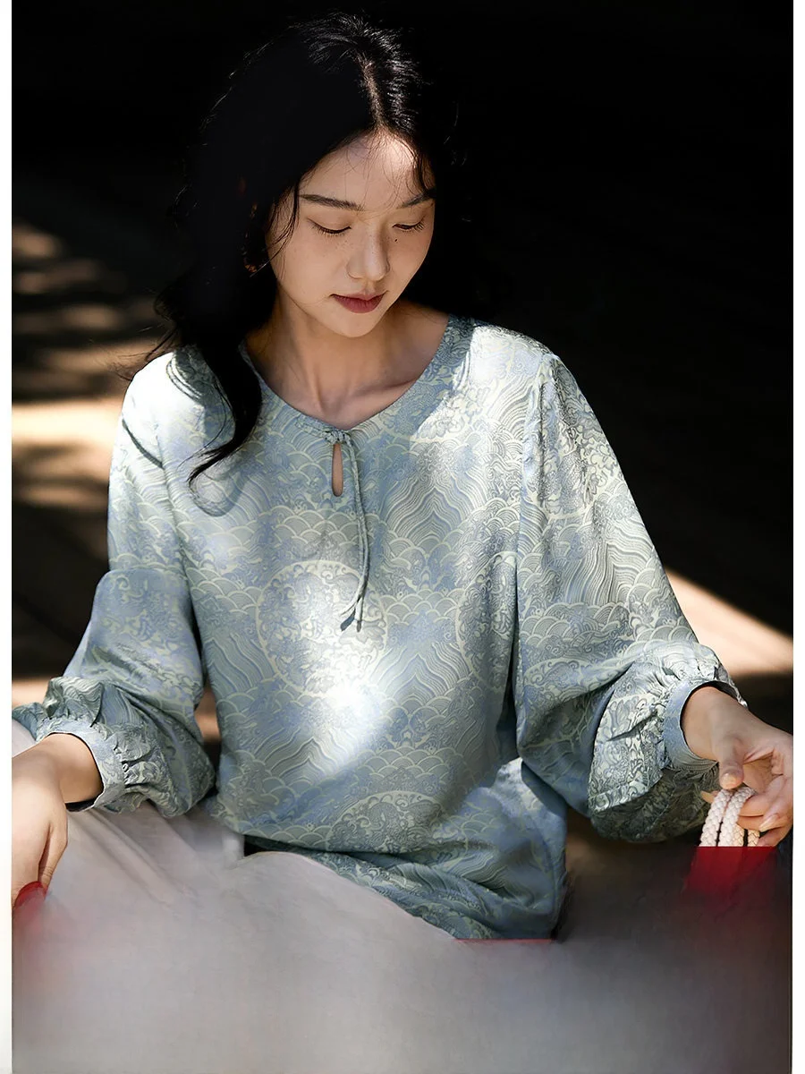 

Silk Long Sve irt Women's Premium Faion Commute Sle Straight Tube OL Sle Tassel Silk Tead Embroidery Top