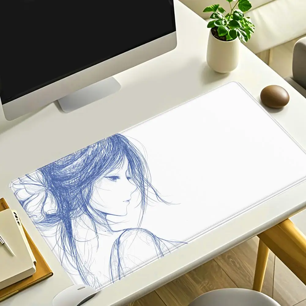 

HYBXAXC Anime Girl Line Art Mouse Pad, Blue & Red Sketch Style Desk Mat, Aesthetic Japanese Anime Desk Pad for Gaming Office