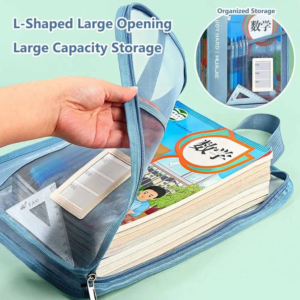 

New Mesh Opening File Bag Zipper Closure L-Shaped Handheld File Bag Large Capacity Student Book Handbag Student