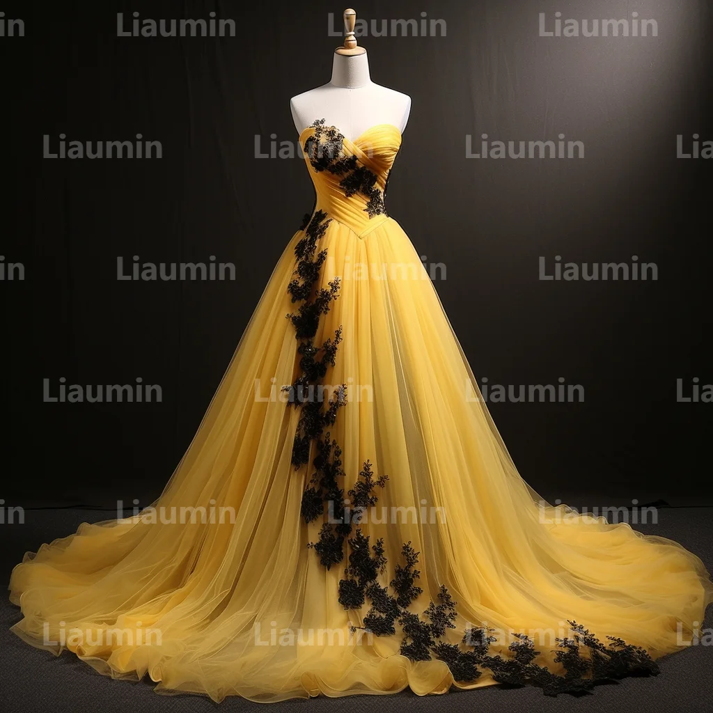 Yellow Tulle And Black Strapless Evening Dress Prom Gowns A Line Full Length Formal Brithday Party Clothing Lace Up Back A2-6