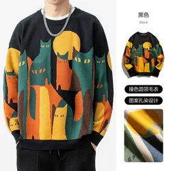 New Men's Autumn Knitted Sweater Korean Style O Neck Cats Graphic Pullover Winter High Quality Warm Tops Black Sweaters 2024