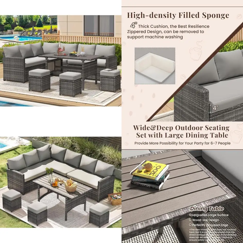 

All-Weather Wicker Outdoor Sectional Sofa Set with Patio Dining Table and Chairs