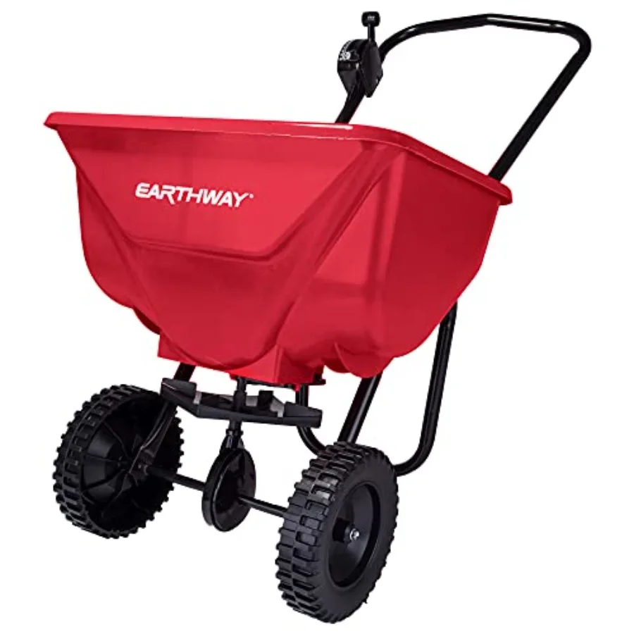 Commercial walk-behind broadcast spreader for grass fertilizer and seeds poly tires black 65 LB capacity with side spread contr