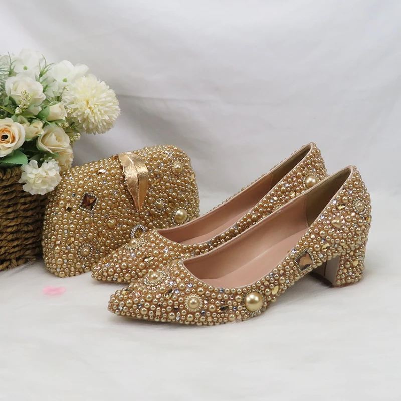 Champagne Gold Bridal Wedding shoes with matching bags woman fashion High Thick heels Women party dress shoes Platform shoes