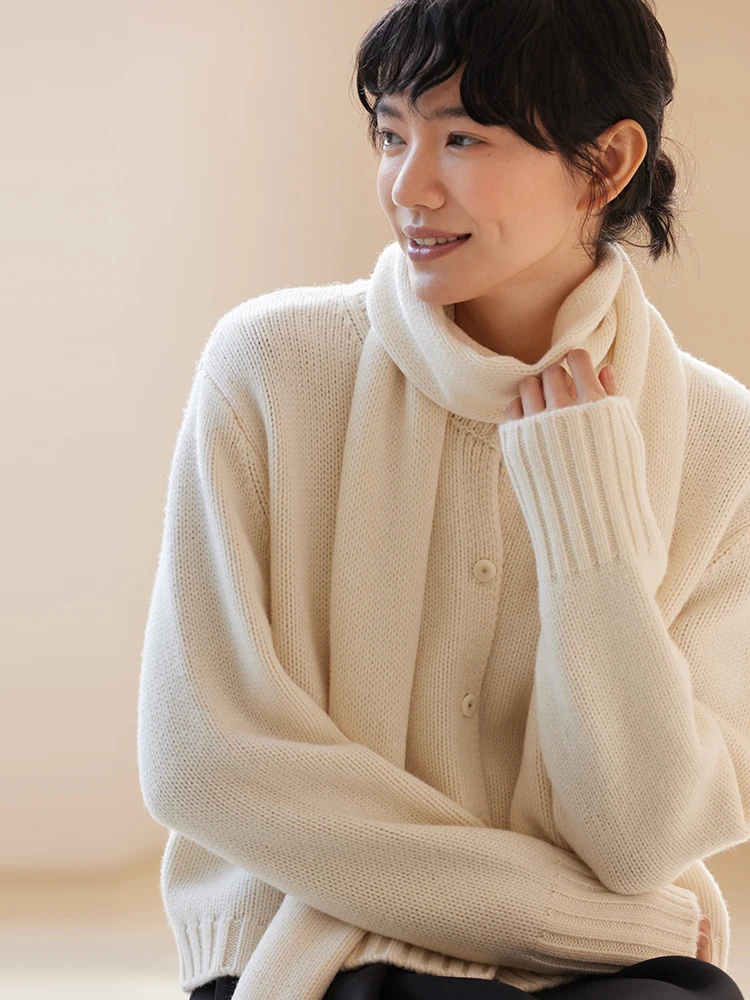 

Хакикики, зимний свободный вязаный шерстяной свитер, 00% шарф Camere, длинный открытый кардиган све, простой женский свитер для поездок на работу...