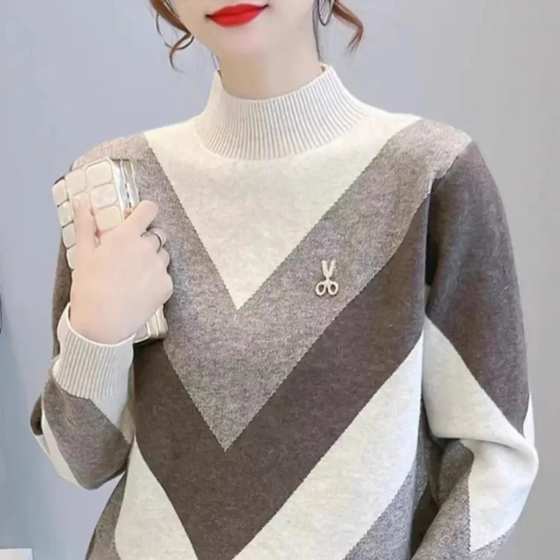 Women's Clothing Half High Collar Pullover Long Sleeve Autumn Winter Sweater Knitted Casual Elegant Screw Thread Rivet Tops