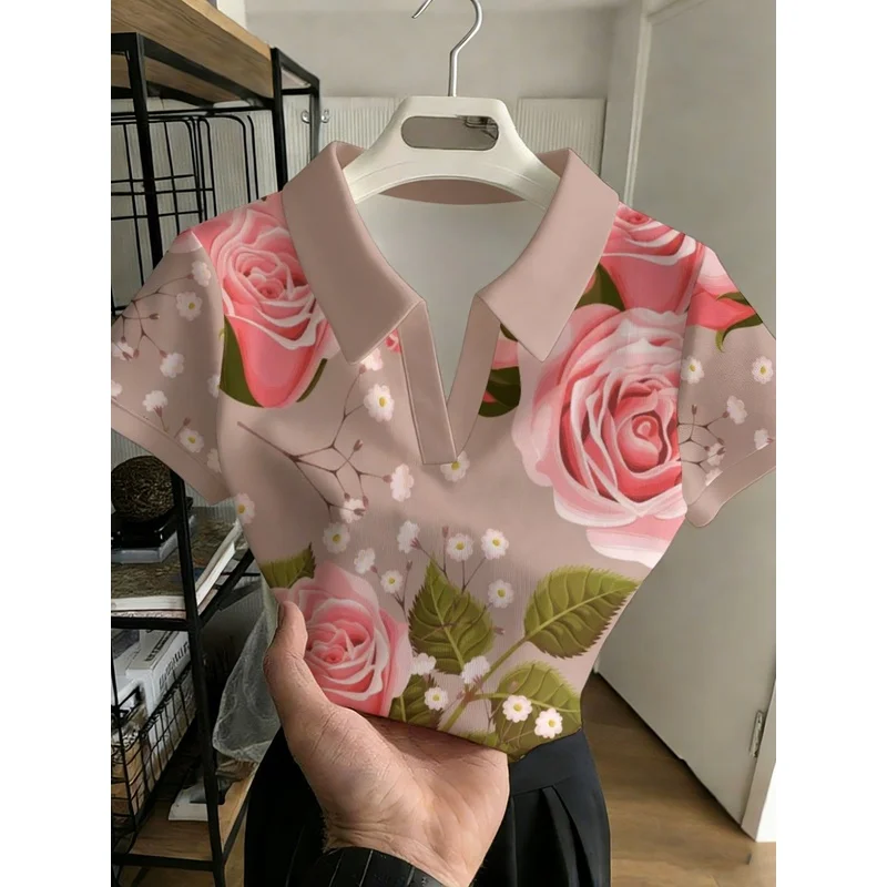 Stylish and versatile buttonless chic women's polo shirt for commuting – floral pattern (red garden roses and pink petals)