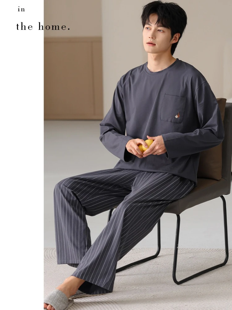 한국 젊은 남성 잠옷 코튼 크루 넥 스트라이프 긴팔 바지 캐주얼 대형 루즈 청소년 Loungewear 정장 잠옷