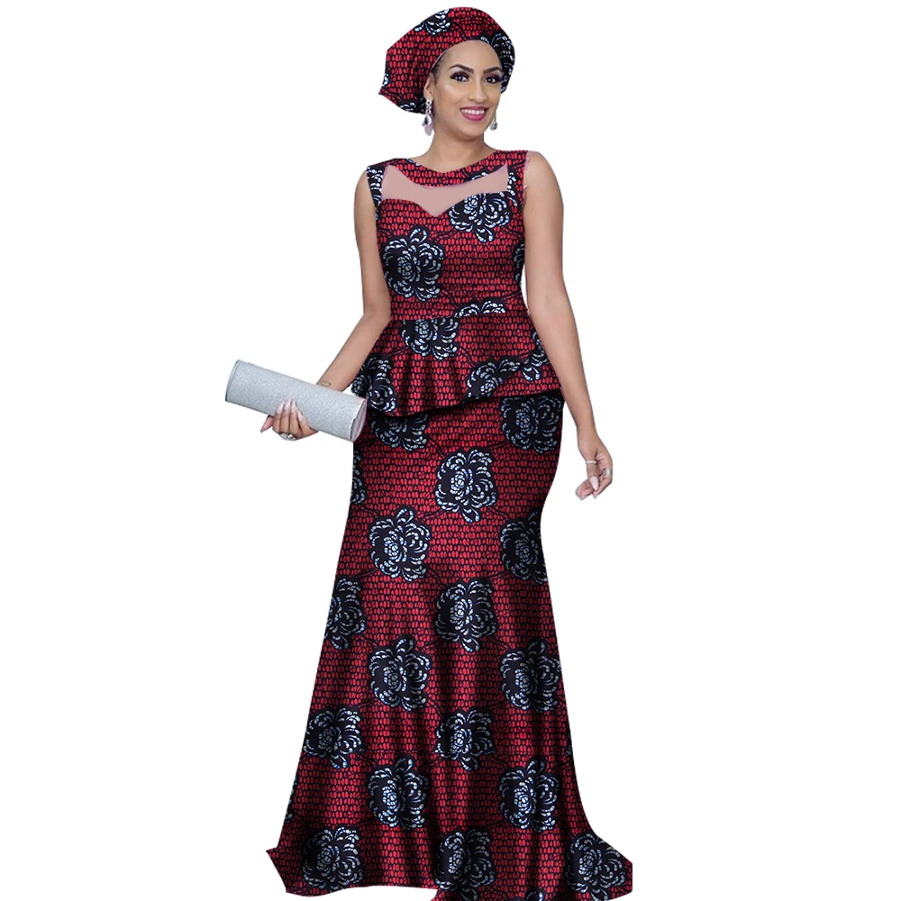 Women Top and Mermaid Skirt Sets with Headtie Bazin Riche African Print Dresses for Women 2 Pieces Skirts Sets Clothing WY2812