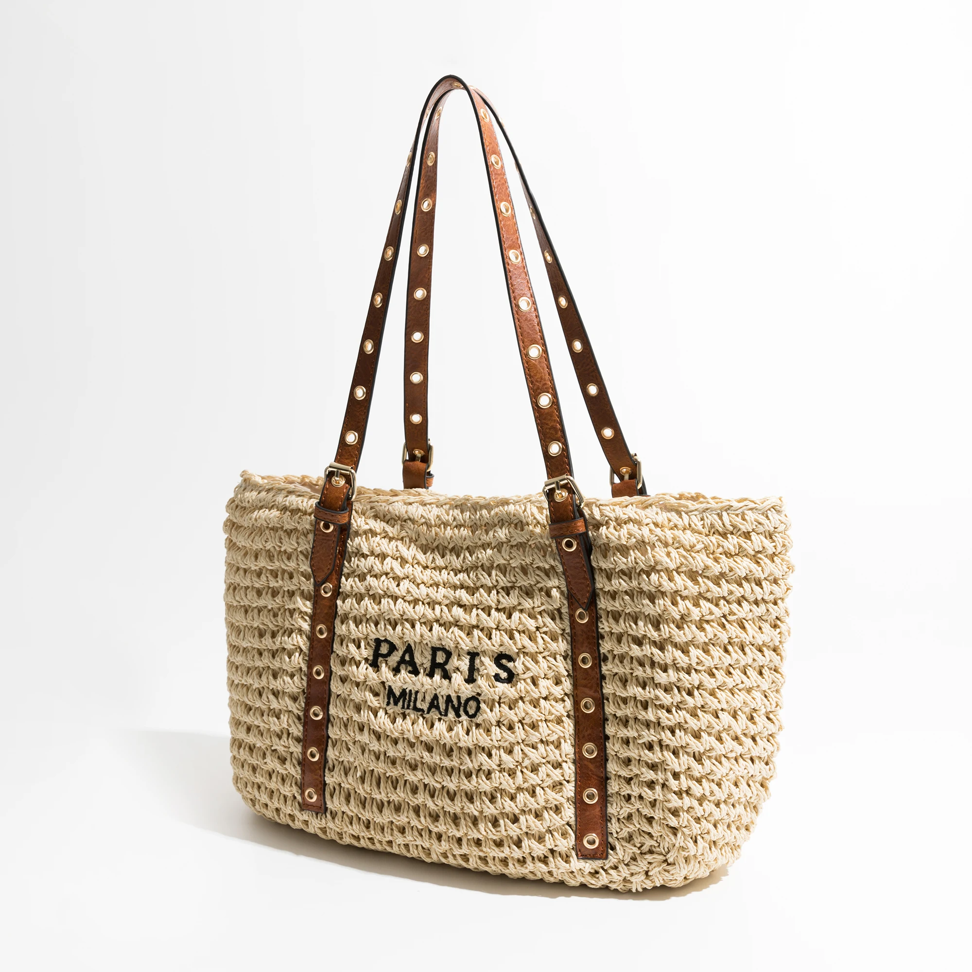 MABULA Rock Style Straw Woven Beach Tote Bag Brand Designer 2024 Summer Handwoven Travel Purse Big Shopping Handbag