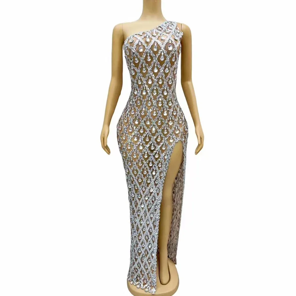 Vestido de noche con lentejuelas plateadas brillantes para mujer, vestido con diamantes de imitación, abertura alta, elegante, para Celebración de graduación, fotografía de cumpleaños