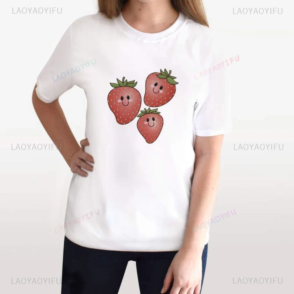 

Cute Strawberries Printed T Shirt Tops An Interesting and Cute Cartoon Image of Strawberries Tops Tee Shirt Woman Men Cotton