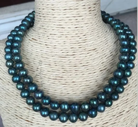 

double strands stunning 9-10mm tahitian black green pearl necklace 17-18"