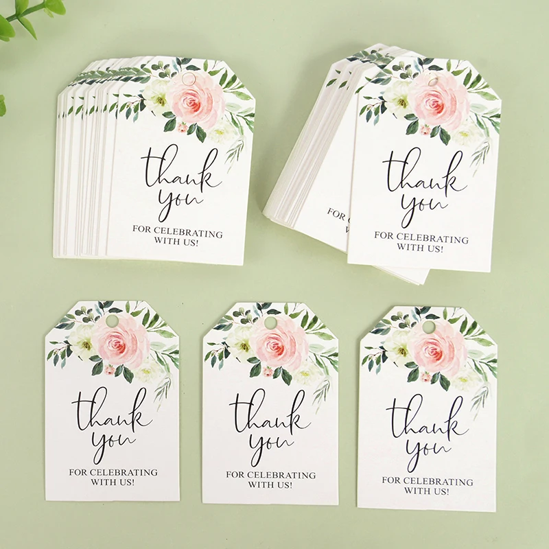 30/50pcs Thank You for Celebrating with Us Paper Tags Green Leaf Gift Packaging Tags DIY Craft Wedding Birthday Party Label Card