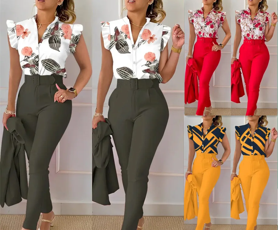 2023 Fashion 2 Piece Women\'s Flower Print Top Shirt Pants Suit Sexy Casual Belt Trousers Elegant Clothing Office Lady Outfits