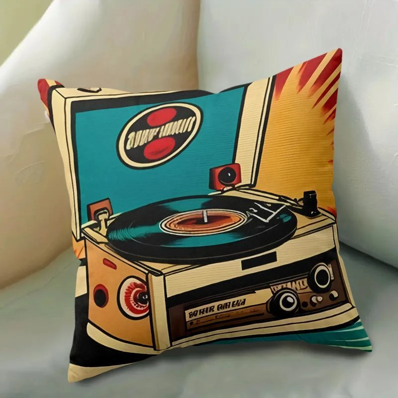 1pc Retro Vinyl Record Player Pillow Cover, Polyester 2D Double-Sided Print Cushion Case, Vintage Turntable Pop Art Throw Pillow