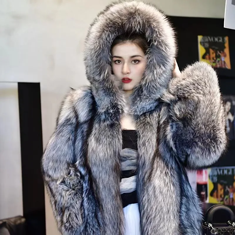 2021 New Real Fur Whole Leather Real Red Fox Fur Whole Skin Fox Design Women's Medium and long  Coat Simple Street Warm