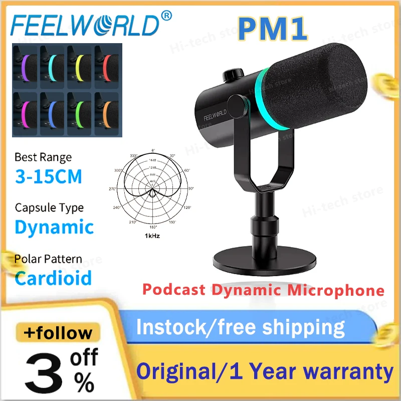 FEELWORLD PM1 XLR/USB Dynamic Microphone for Podcasting Recording Gaming Live Streaming