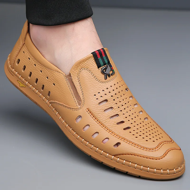 2025 Summer New Designer Hallow Out Shoes for Men Fashion Casual Sandals Male Light Breathable Cow Leather Loafers Man