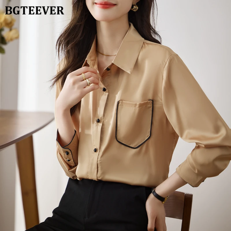 

BGTEEVER Autumn Fashion Long Sleeve Pocket Female Solid Chiffon Shirts Casual Lapel Female Single-breasted Blouses Ladies Tops