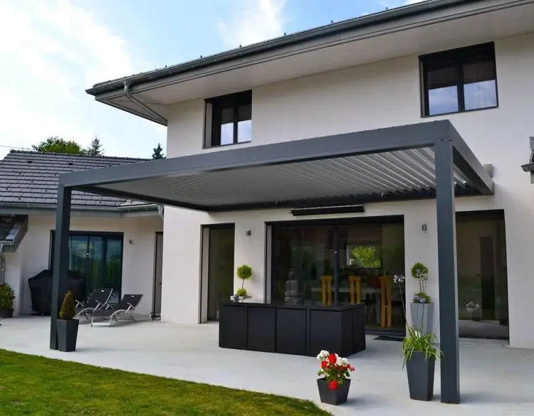 Modern Bioclimatique Pergola Louvered Markise Aluminium Square Tube Rain-Proof Motorized Roof Outdoor Pergola with LED Light
