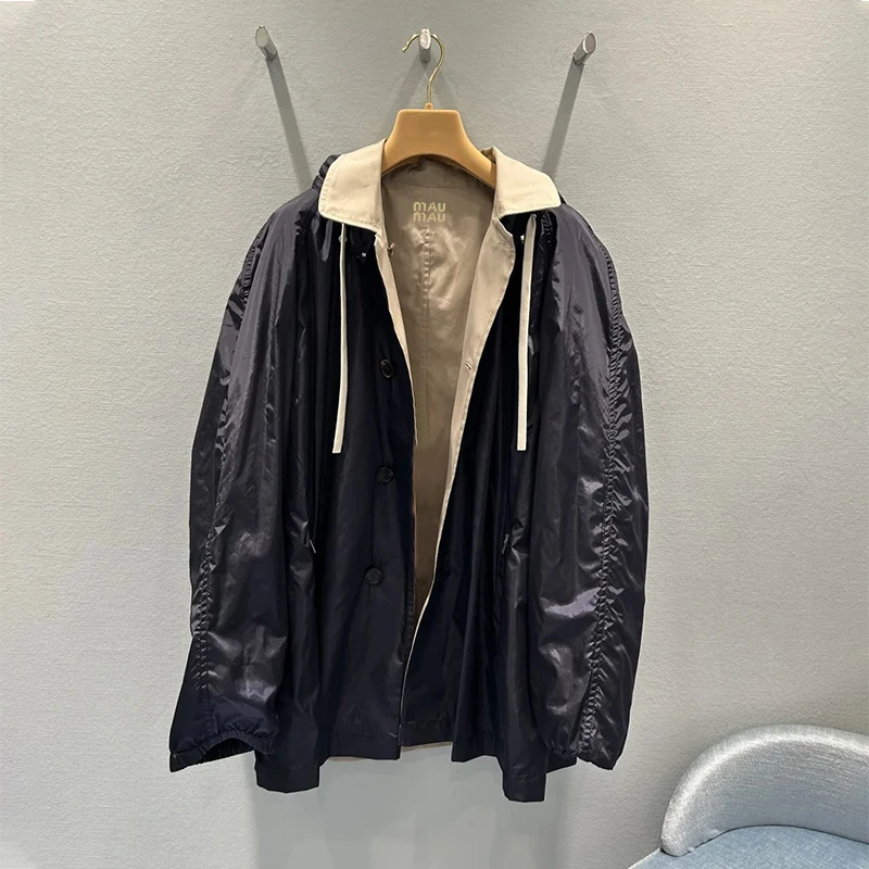 High-End Women's Jacket Two-Sided Wear Loose Hooded Medium-Length Girl Style Commute Style Outerwear Long Sleeve Button Closure