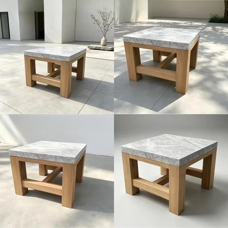 Elegant Outdoor Wooden Coffee Table with Marble Top for Courtyard Terrace Garden and Family Patio