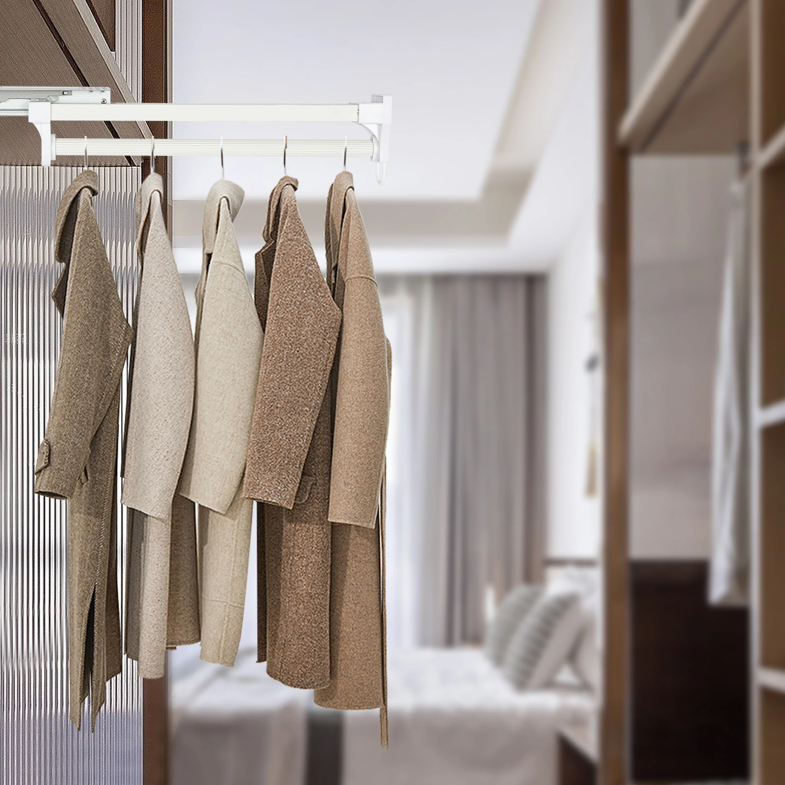 Pull-Out Clothes, Pants Hanger Rod with Damping Slide Rail - Wardrobe Clothing Rail - Clothes Hanging Rack Bar for Pants