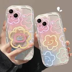 Color Smile Flower Grip Tok Holder Wave Phone Case For IPhone 11 12 14 15 Pro Max 13 Mini XS SE XR 7 8 6 6S Plus Soft TPU Cover