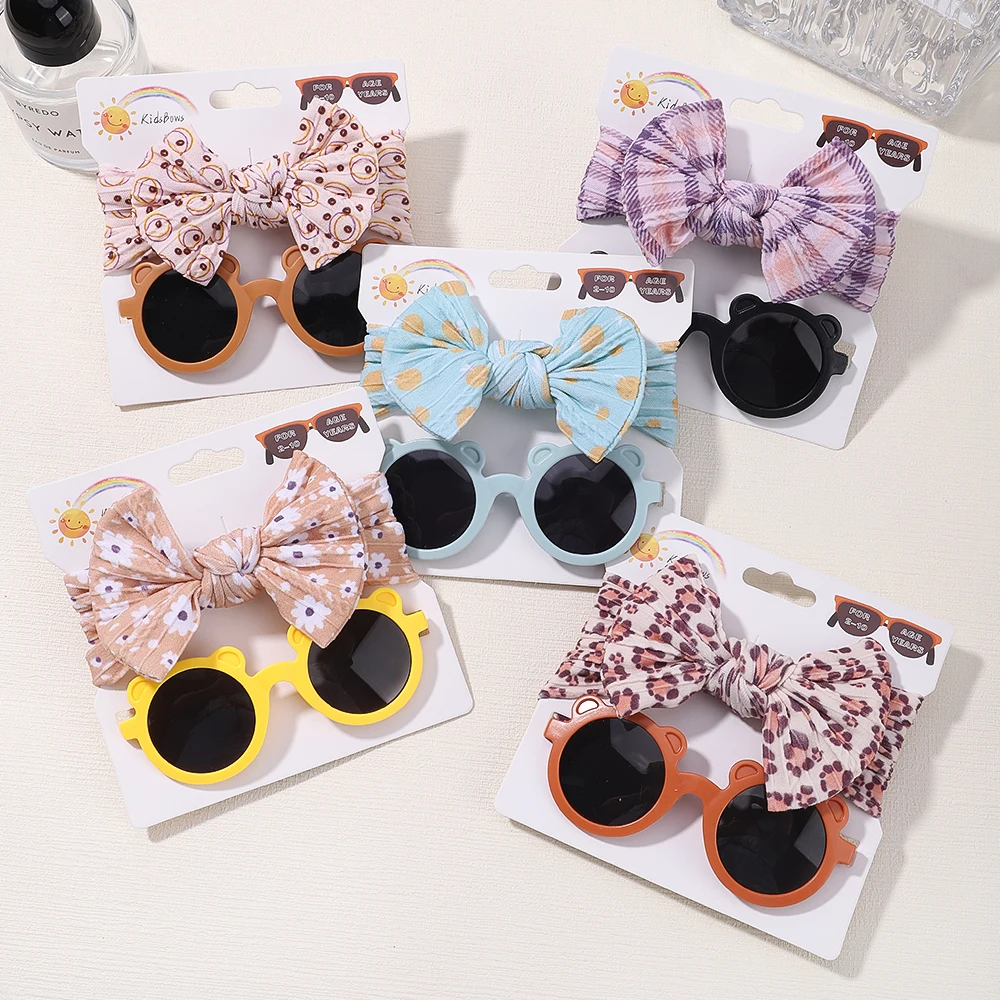 

2pcs/set Nylon Wide Print Headband Baby Girls Boys Seaside Holidays Casual Headwear Set Cartoon Summer Sunglasses Baby Hair Band