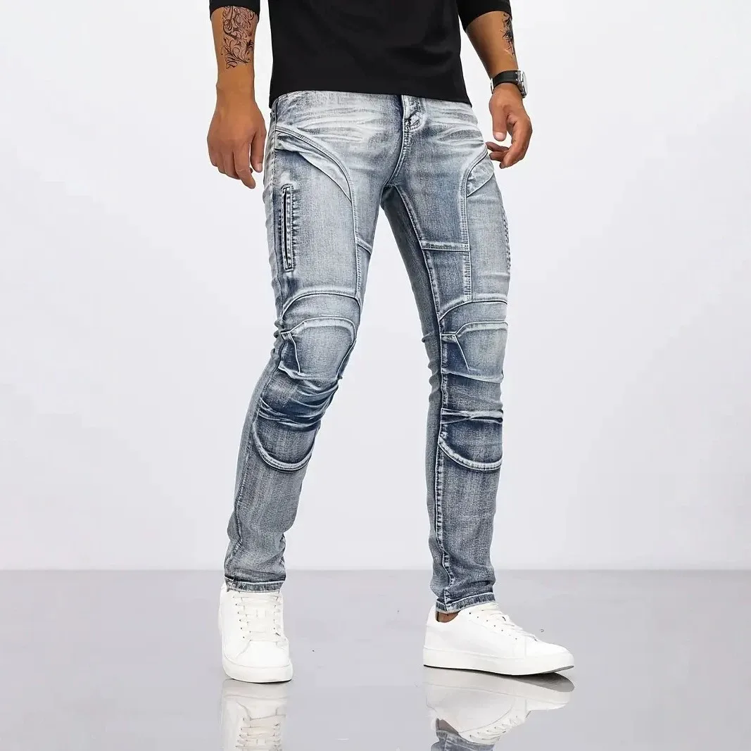 Slim Fit Jeans Skinny Fit Mid Waist Denim Pants Light Wash Five Pocket Denim Jeans Knee Pad Detail Side Zipper Motorcycle Jeans