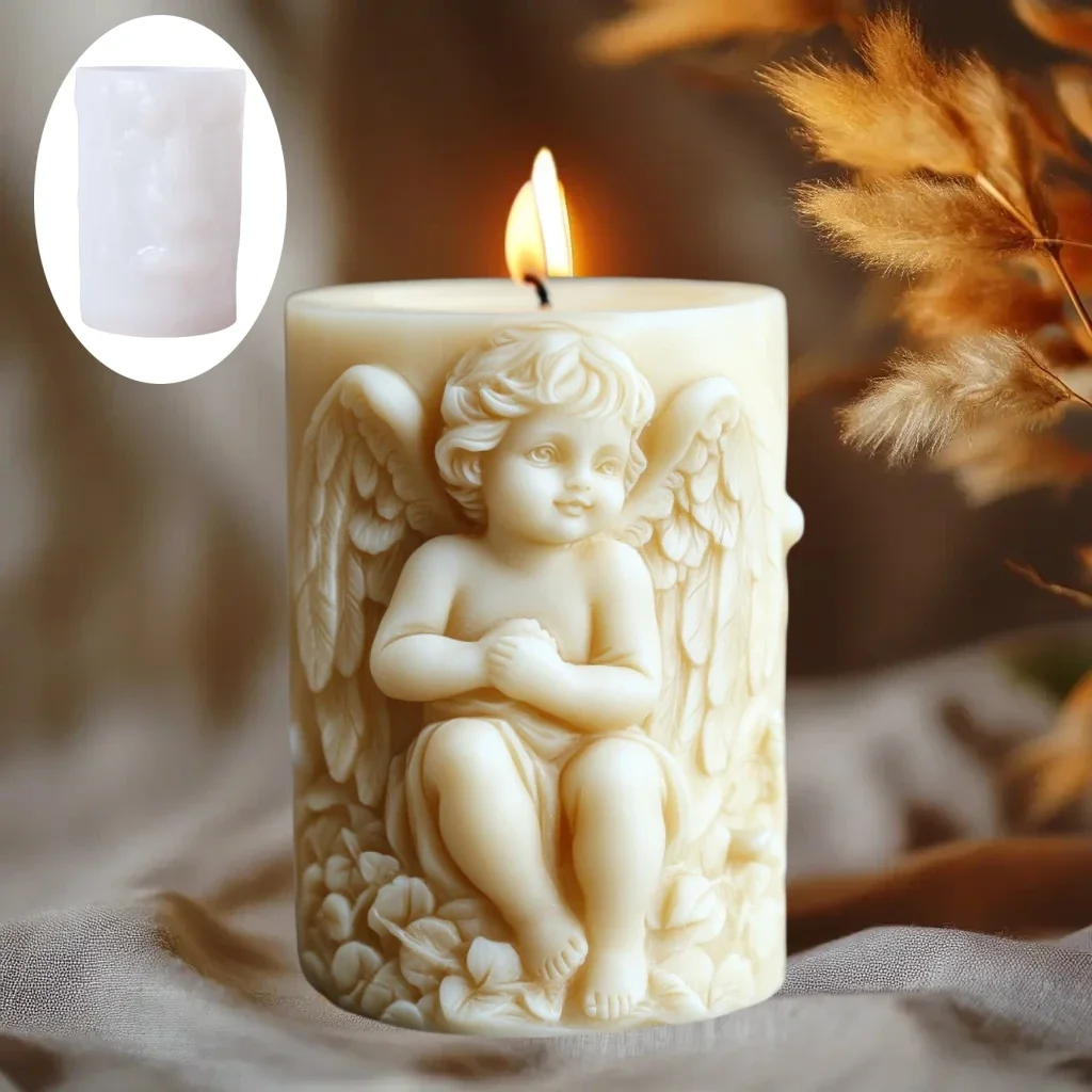 DIY Prayer Angel Relief Cylinder Candle Silicone Mold Wings Angel Resin Mould Angel Flower Relief Concrete Cement Gypsum Molds