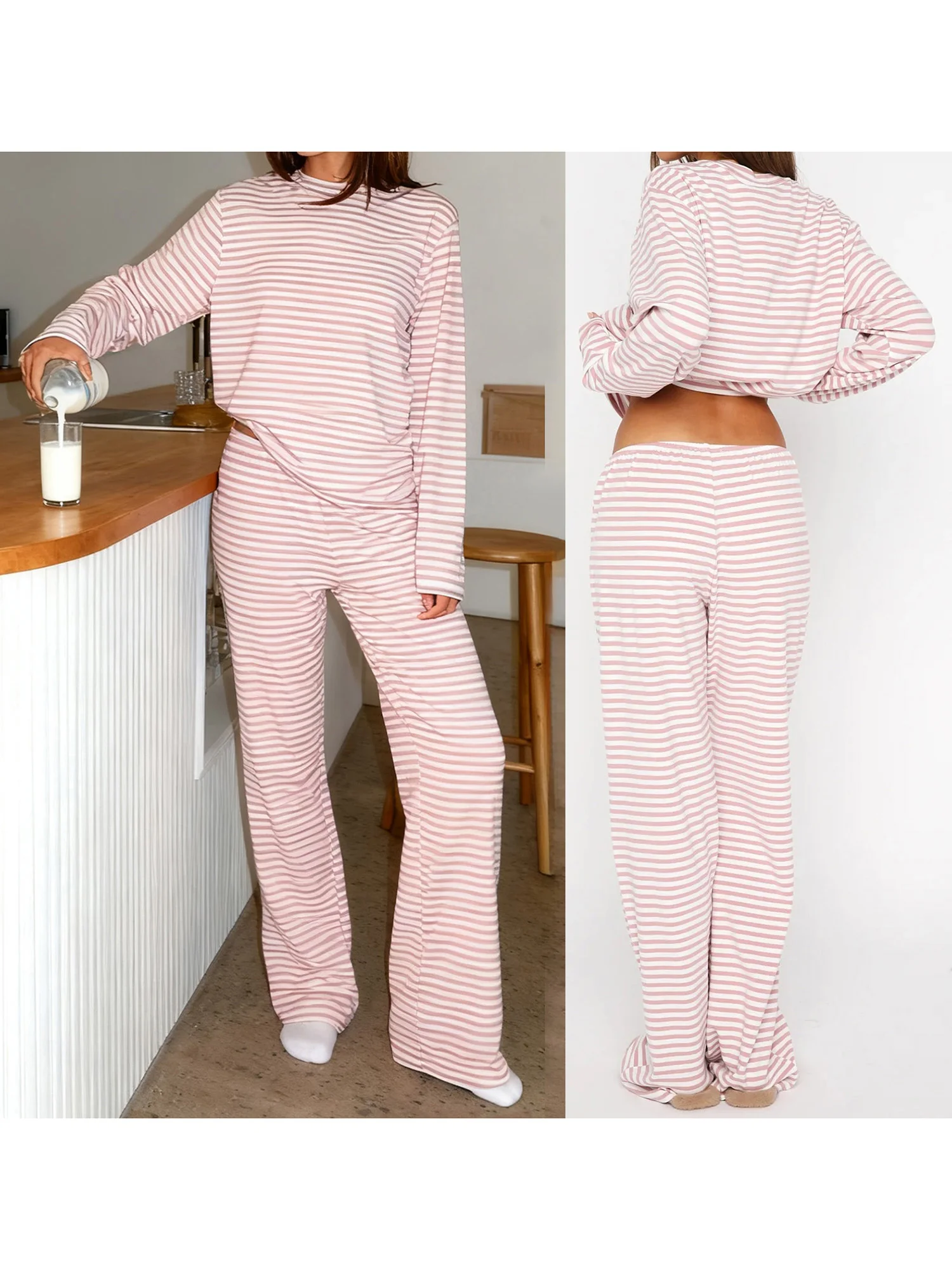 Gemütliches Herbst-Pyjama-Set für Damen mit langärmligem, gestreiftem Oberteil und Lounge-Hose mit elastischem Bund – 2-teiliges Nachtwäsche-Set