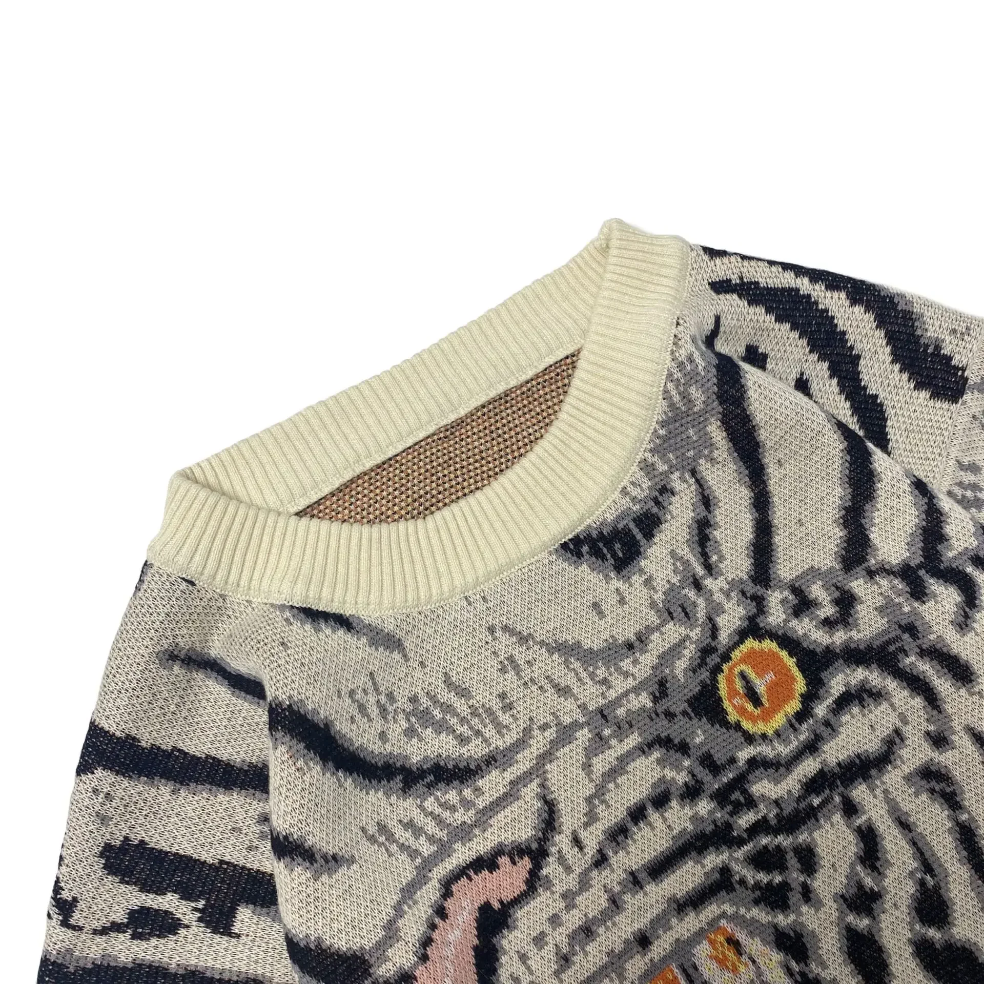 Non Kapital Vintage Brabd Jacquard Tiger Totem Round Neck Japan Knitted Sweater Men\'s Animal Print Loose Pullover New Arrival