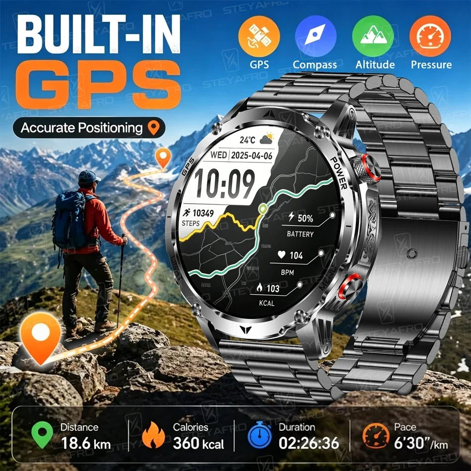 Men's Military Smartwatch with GPS 1100mAh Battery 10ATM Waterproof Outdoor Sport Watch with Compass Flashlight And Heart Rate M